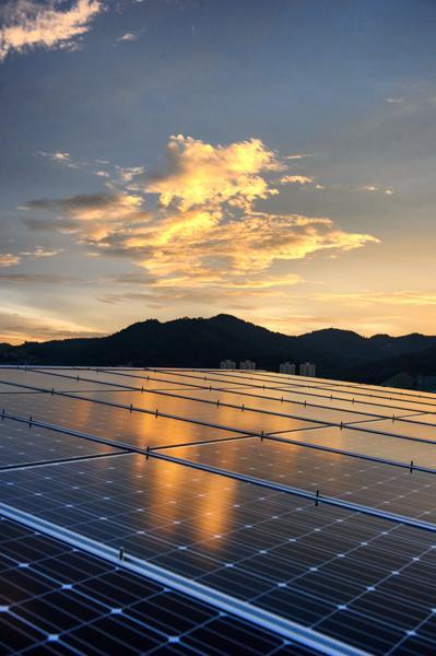 Solar plant at evening twilight