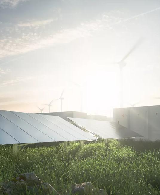 A large, grassy field with multiple wind turbines and solar panels.