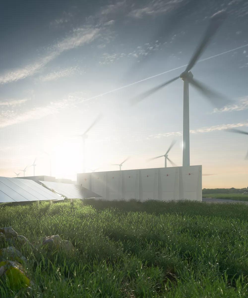 A large, grassy field with multiple wind turbines and solar panels.