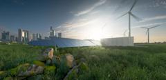 Future renewable energy solution for sustainable cities. Modern black frameless solar panels, battery energy storage facility, wind turbines and big city with skycrapers in background. 3d rendering.