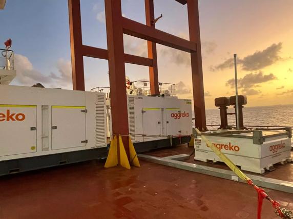 Berge Olympus emergency power supply for 210,000 MT bulk iron ore carrier. 
On deck power station consisting of 4x synchronized 320kVA generators, cable package and associated fuel hardware. 
Pilbara coast, Australia.