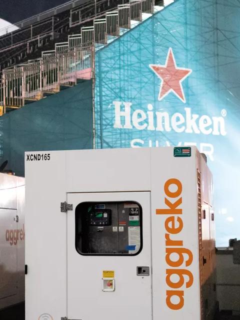 White Aggreko units sitting in backstage of an event