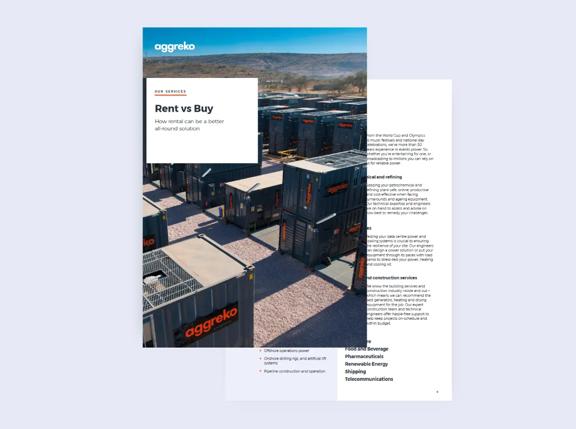 A brochure page featuring Aggrekos Rent vs Buy services, displayed alongside an image of power rental equipment in a field.