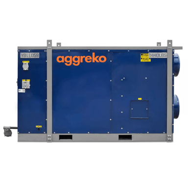 A large, dark blue Aggreko indirect fired diesel heater unit, with access panels and control features on its side.