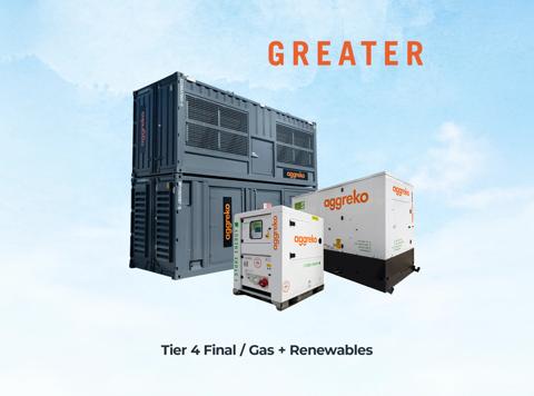 A large, stacked grey Aggreko container unit beside two smaller white Aggreko generators against a light blue, cloudy sky.