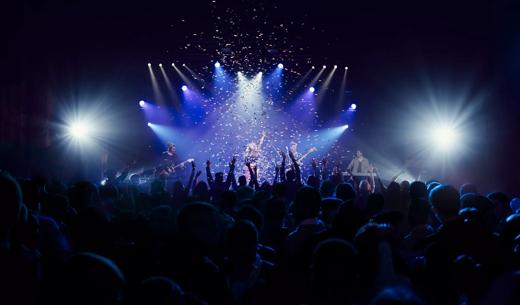 Vibrant crowd at a concert illuminated by stage lights