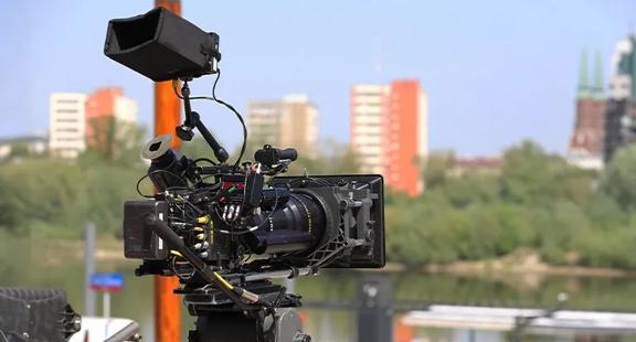 Professional broadcasting camera at a film set.