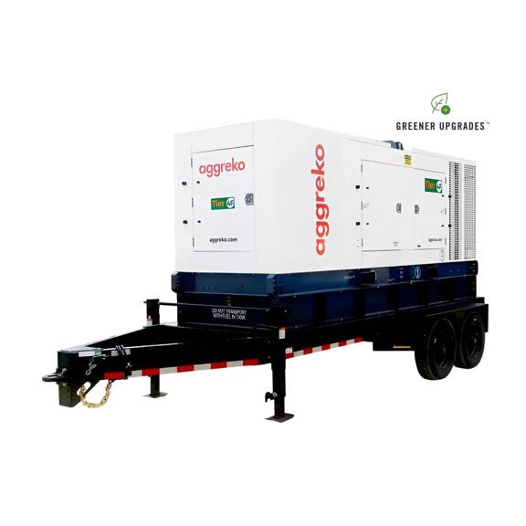 A 400kw tier 4f diesel generator on a trailer, branded Aggreko, featuring dual wheels 