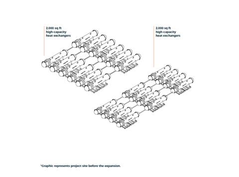 A monochrome isometric line-art diagram illustrating two arrays of cylindrical industrial heat exchangers.