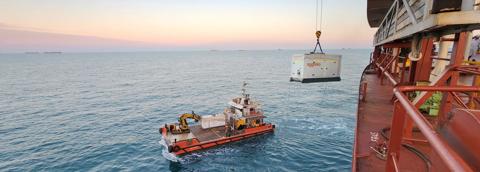 Aggreko generator being delivered to offshore platform