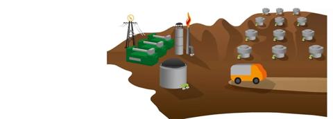 Illustration of an oil extraction site with tanks, machinery, and a delivery truck on a dirt background.