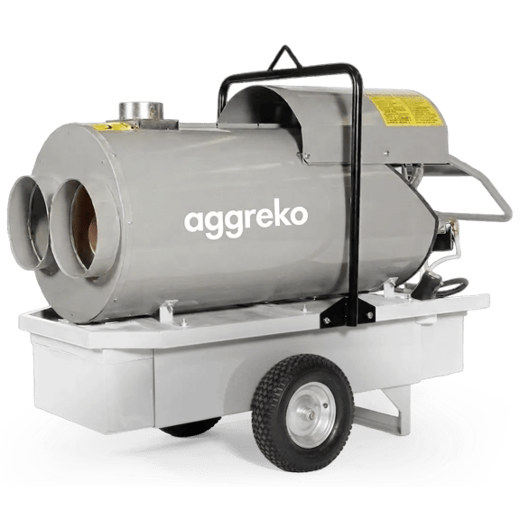 Portable indirect-fired industrial heater on a gray, wheeled base.