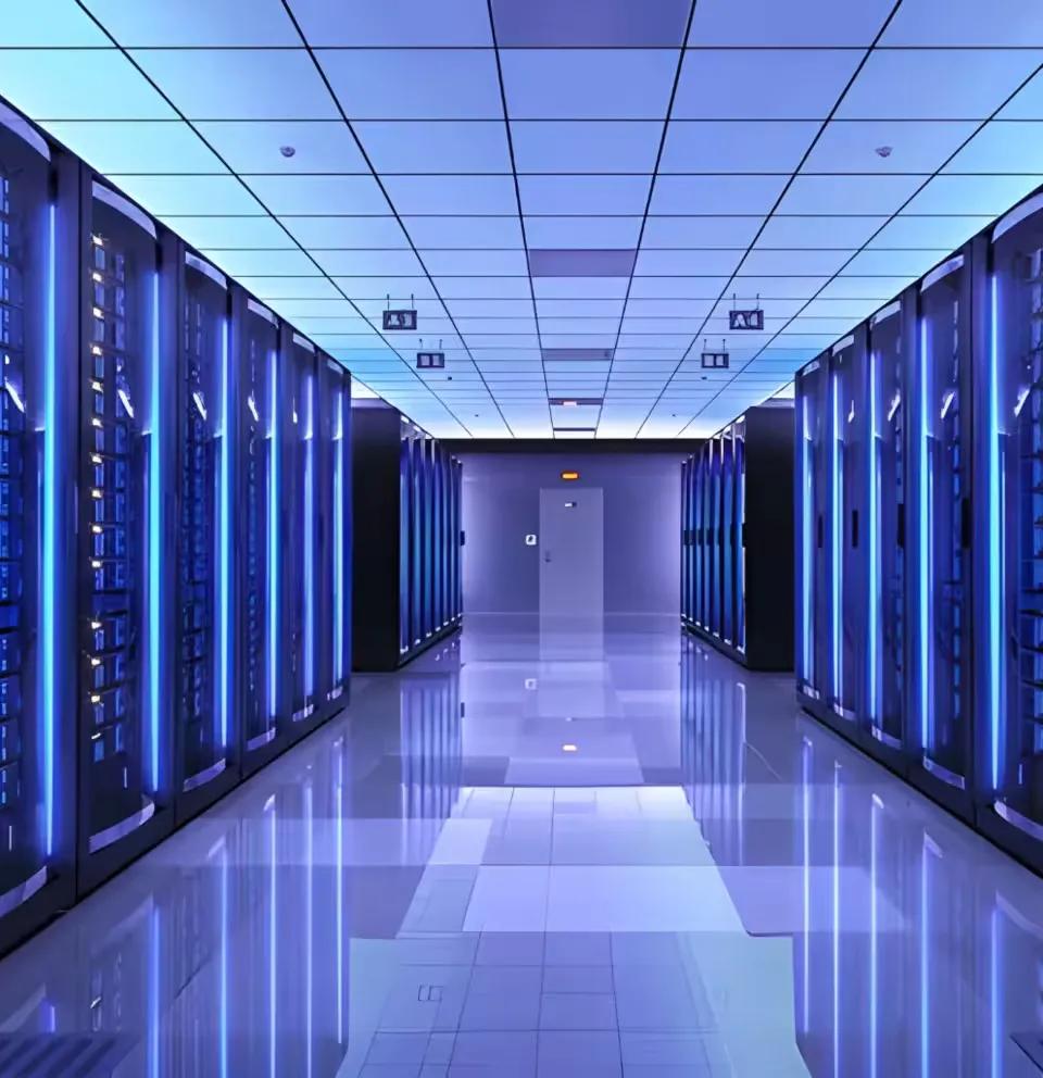 A long, symmetrical perspective view down an aisle in a massive server room, with towering rows of racks illuminated by a cool blue light from vertical LED strips, and the floor reflecting the light.