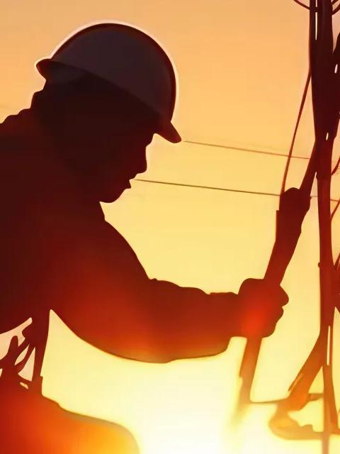 Shadow of a worker climbing a transmission tower against a sunset
