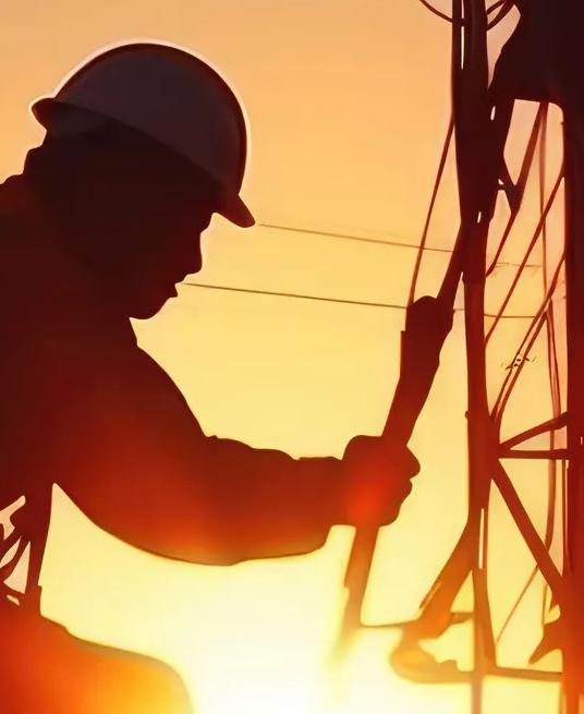 A silhouette of a worker in a hard hat, working on the structural frame of an electrical transmission tower against a bright orange sunset.