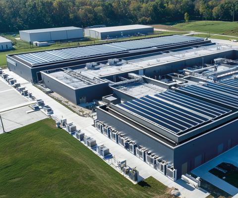 Aerial view of a large-scale data center powered by sustainable energy with solar panels on the roof, surrounded by greenery.