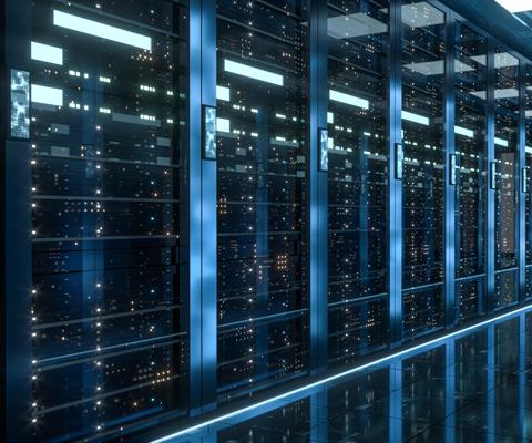 Server racks in computer network security server room data center, 3d rendering. Computer digital drawing.