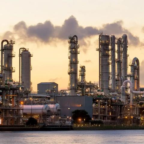 View of a petrochemical plant at dusk against a yellow sky