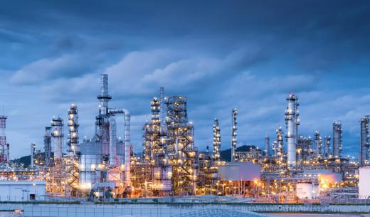 Oil Refinery, Chemical & Petrochemical plant abstract at night.