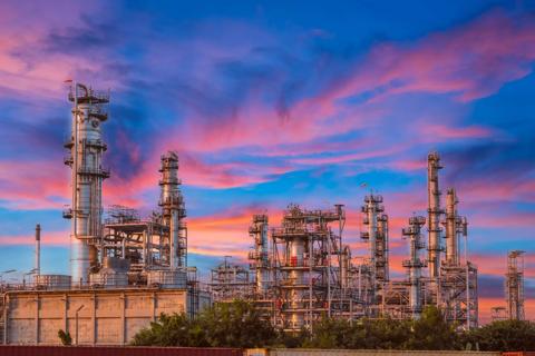 Oil Refinery with tube and oil tank along twilight at beautiful, Refinary plant with oil tank storage, Petrochemical plant, Chemical Plant at sunset