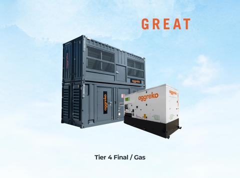 A large, stacked grey Aggreko container unit beside a smaller white Aggreko generator against a light blue sky with clouds.
