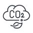 Icon of CO2 inside a cloud, with a leaf falling underneath it