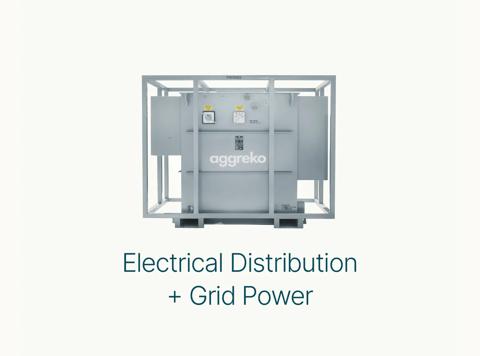 A grey Aggreko oil-filled pad mount transformer.