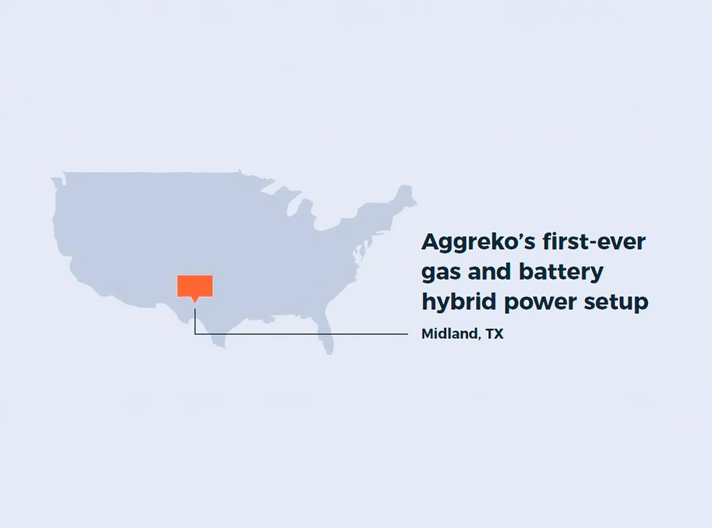 A graphical map illustration of the United States displaying Aggreko's first-ever gas and battery hybrid power setup location