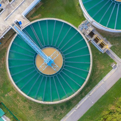 Aerial view of The Solid Contact Clarifier Tank type Sludge Recirculation process in Water Treatment plant