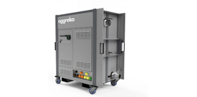 Grey Aggreko loadbank with four wheels and the white logo