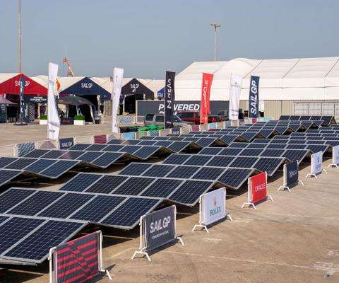 Aggreko solar panels at the Technical Base alongside partner branding ahead of the Dubai Sail Grand Prix presented by P&O Marinas in Dubai, United Arab Emirates. 11th November 2022. Photo: Adam Warner for SailGP. Handout image supplied by SailGP
