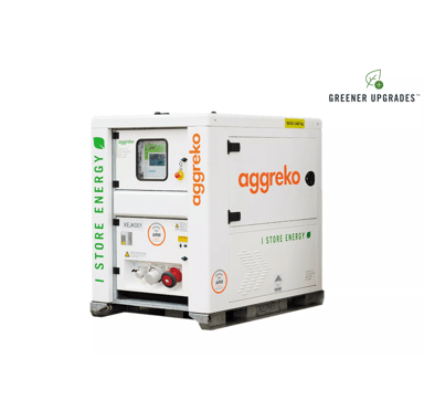 A white Aggreko battery energy storage container by Aggreko, featuring a control panel and greener upgrades.