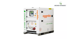A white Aggreko battery energy storage container by Aggreko, featuring a control panel and greener upgrades.
