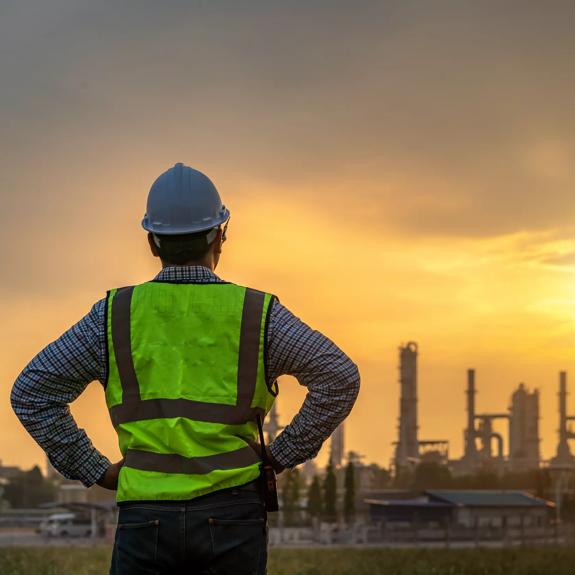 Asian engineers looking at site in oil and gas refinery or Petrochemical factory during sunrise, industrial concept.