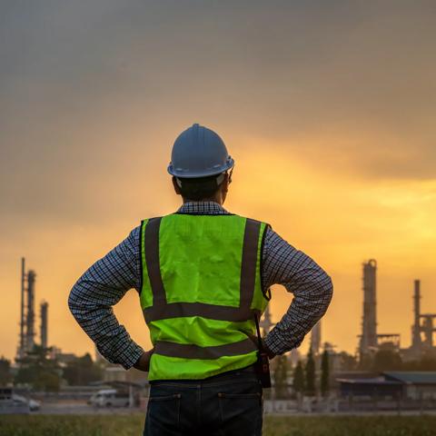Asian engineers looking at site in oil and gas refinery or Petrochemical factory during sunrise, industrial concept.