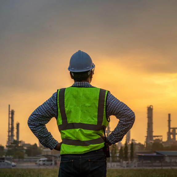 Asian engineers looking at site in oil and gas refinery or Petrochemical factory during sunrise, industrial concept.