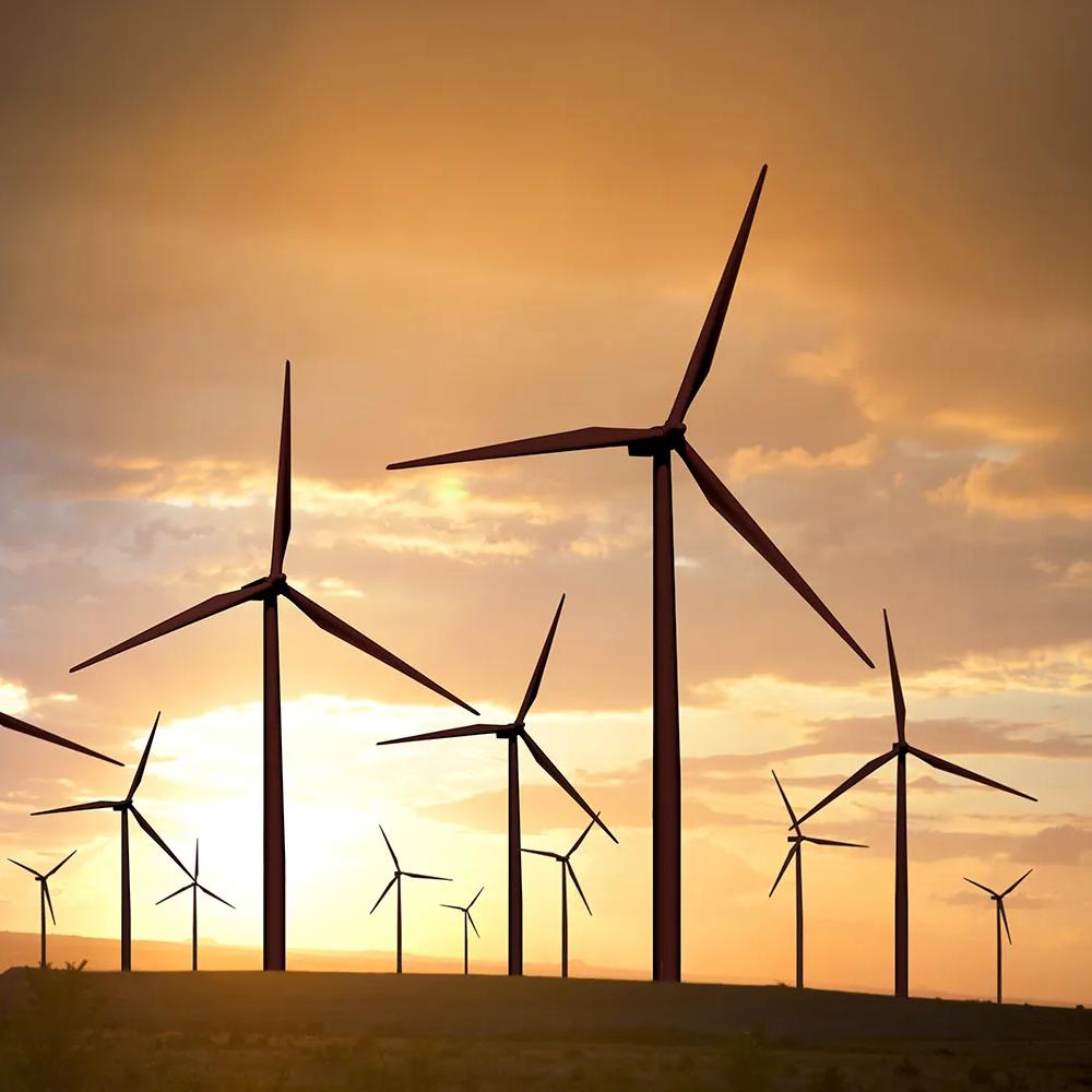 Ground view of multiple windmills with a sunset in the background.