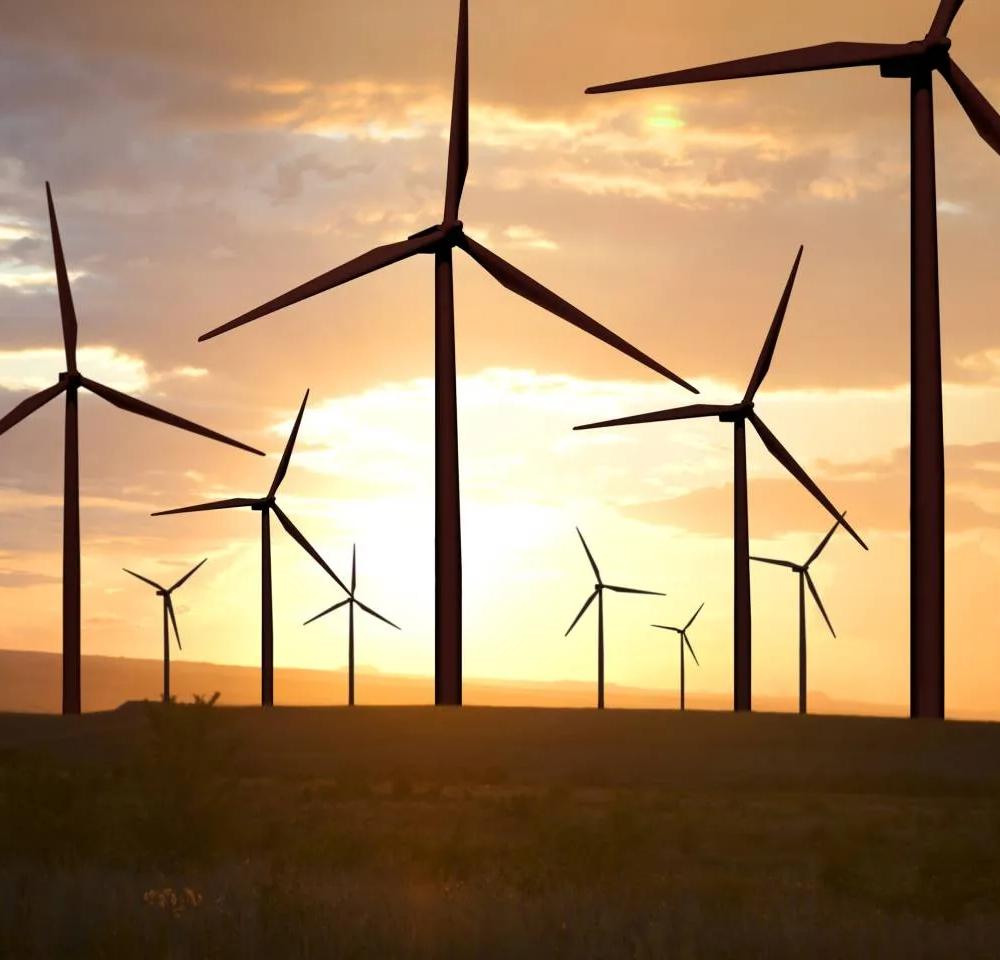 Ground view of multiple windmills with a sunset in the background.