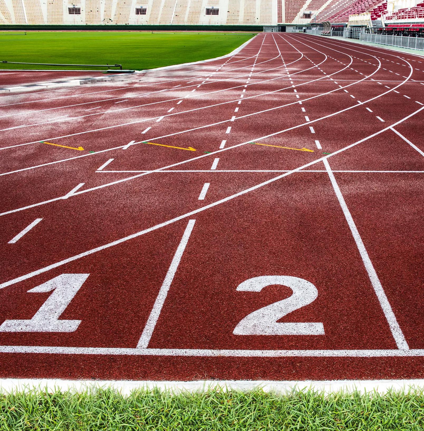 Close-up view of a track field. 