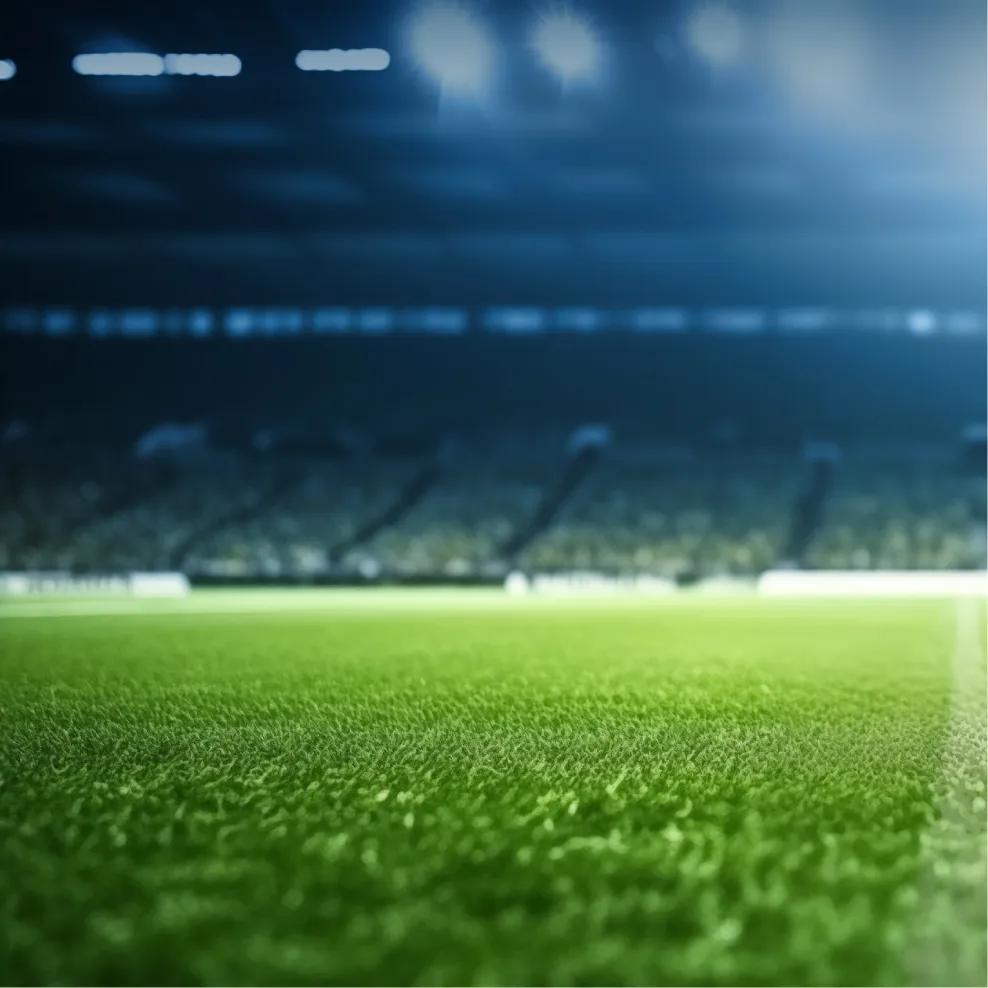 Ground view of a soccer field, emphasizing the grass.