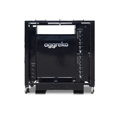 A black Aggreko transformer with the white logo