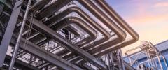 pipeline of oil and gas at industry zone.The pipe of factory ,Close-up of industrial steel pipelines at oil-refinery plant and sky