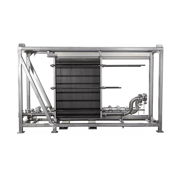 An industrial heat exchanger with a metal frame, black plates, and piping for fluid connections.