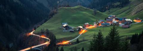 aerial view of small alpine village in Austrian Hochtannbergpass,