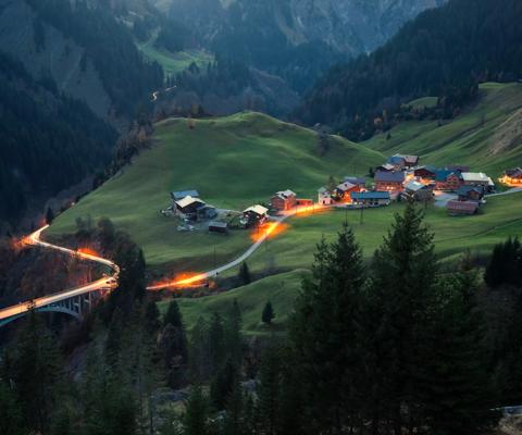 aerial view of small alpine village in Austrian Hochtannbergpass,