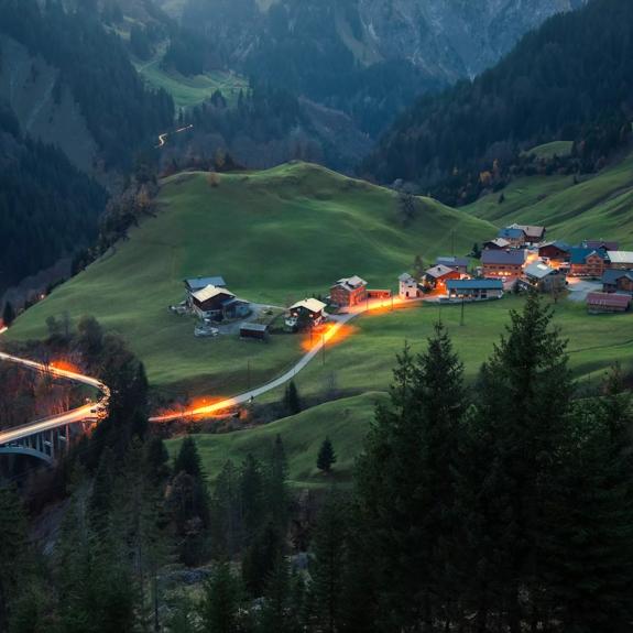 aerial view of small alpine village in Austrian Hochtannbergpass,