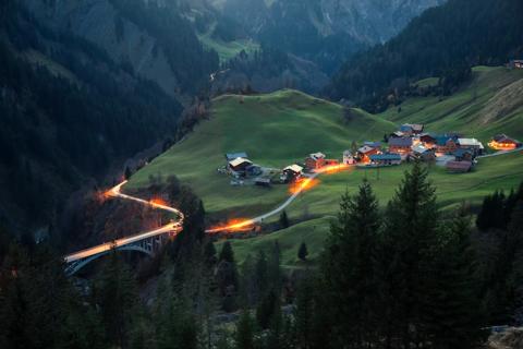 aerial view of small alpine village in Austrian Hochtannbergpass,