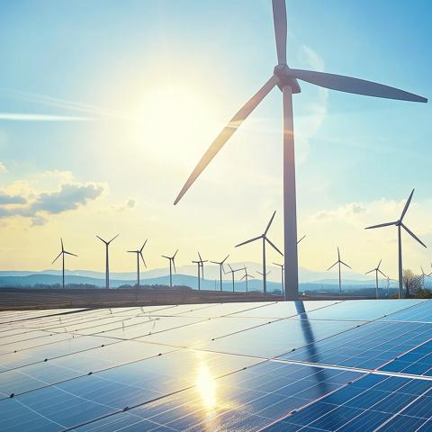 Green energy harvest with windmill and solar panels for eco-green sustainable concept