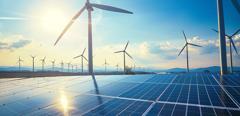 Green energy harvest with windmill and solar panels for eco-green sustainable concept
