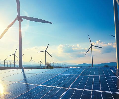 Green energy harvest with windmill and solar panels for eco-green sustainable concept